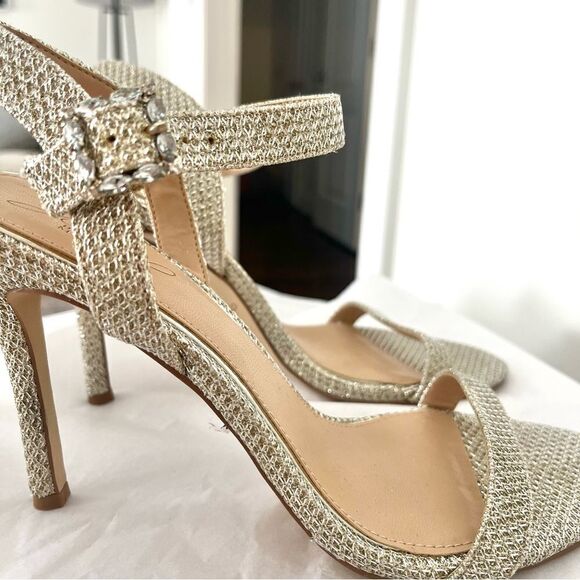 Jewel Badgely Mischka Arlina Glitter Open Toe Ankle Strap Sandal Heels Gold 8 - Picture 6 of 10